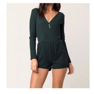 ONeill Womens Size Large Sabina Romper Green Ribbed Surplice Neck Long Sleeve.